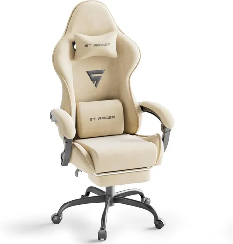 Miniatura 12 de Huracan Silla de juegos de tela de terciopelo con reposapiés para adultos, sillas ergonómicas para juegos con base de masaje, silla reclinable