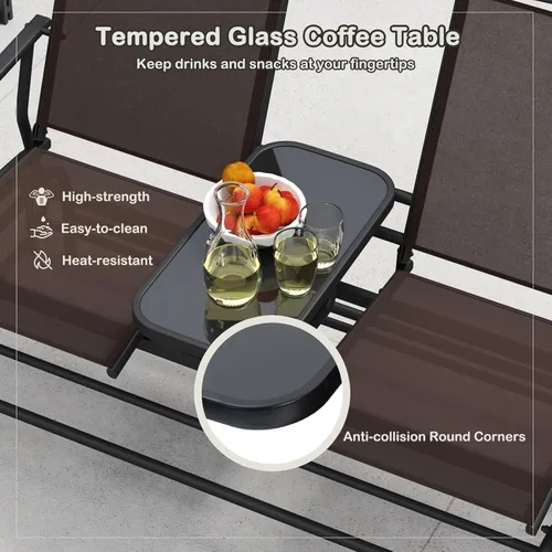 Miniatura 5 de Tangkula Silla mecedora para 2 personas, sofá biplaza mecedora para patio con mesa central de vidrio templado, banco de columpio para exteriores