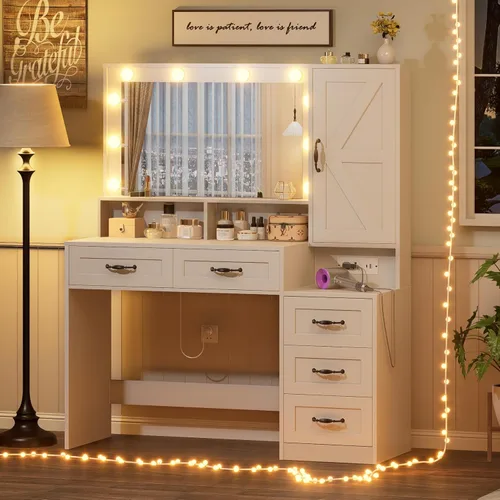 Miniatura 10 de Escritorio de tocador con espejo iluminado, tocador negro con 4 cajones, tocador de maquillaje con estantes de almacenamiento y toma de corriente