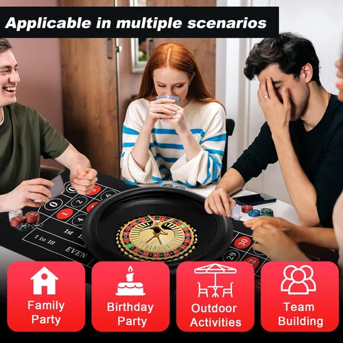 Miniatura 6 de Set de juego de ruleta Lunmon incluye rueda de ruleta negra de 16" (40 cm), tapete de goma para mesa de 35" x 16", 100 fichas, botón de croupier
