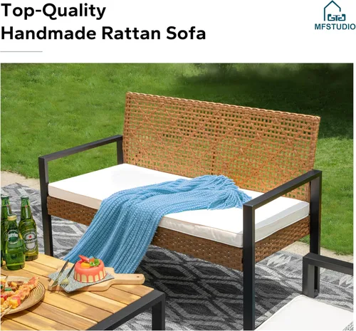 Miniatura 2 de MFSTUDIO Juego de 4 muebles de patio al aire libre, sofá pequeño de ratán marrón con mesa y sillas de madera de acacia, juego de muebles de sofá