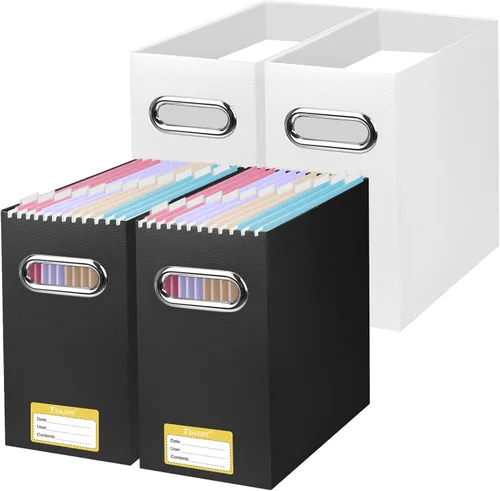 Miniatura 11 de BALEINE Caja organizadora de archivos, organizador de carpetas de archivos de cartón con asa para tamaño carta, caja de archivos plegable portátil