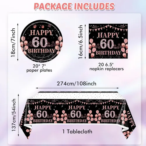 Miniatura 2 de 41 piezas de decoraciones de 60 cumpleaños para mujeres, juego de vajilla de fiesta de 60 años, platos, servilletas, mantel, suministro de fiesta
