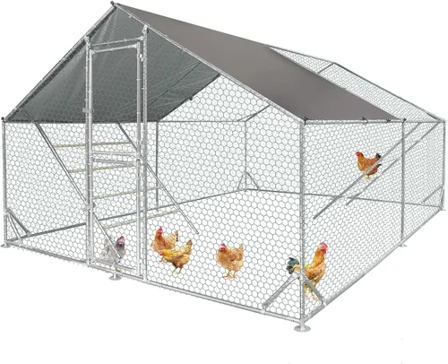 Miniatura 18 de Gallinero grande de metal con cubierta impermeable, jaula para aves de corral para caminar al aire libre con perca de gallo, corralito