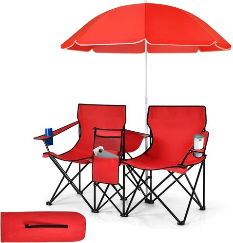 Miniatura 10 de Tangkula Sillas de campamento dobles con paraguas, silla de campamento plegable portátil de 2 asientos con bolsa enfriadora, soporte para bebidas