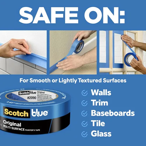 Miniatura 4 de 3M ScotchBlue 2090 - Cinta adhesiva para pintores, multisuperficie, adherencia media, preparación de pared para pintura, 0.5 pulgadas x 60 yardas