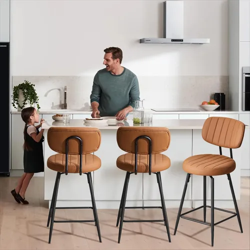 Miniatura 6 de Furniliving - Juego de 2 taburetes de bar giratorios de 26 pulgadas, taburetes modernos de altura de mostrador de cuero sintético con respaldo alto