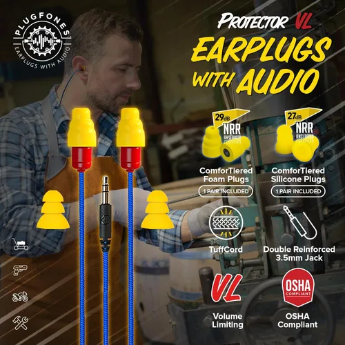 Miniatura 2 de Plugfones Protector Volume Limited Audio Earbuds, tapones para los oídos compatibles con OSHA con sonido, azul y amarillo Amarillo y rojo