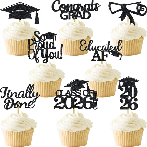 48 piezas de decoración de cupcakes de graduación con purpurina para clase de graduado, felicitaciones, ideas de decoración de fiesta, color negro