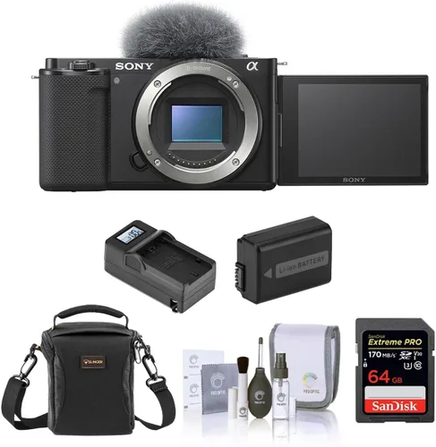 Sony ZV-E10 APS-C Cámara de vlogging con lente intercambiable sin espejo, color negro - Paquete con tarjeta SD de 64 GB, bolsa de hombro, batería
