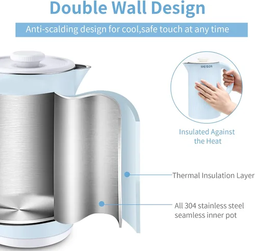 Miniatura 3 de Hervidores eléctricos de acero inoxidable para agua hirviendo, calentador de caldera de agua caliente de doble pared, tetera eléctrica Cool Touch