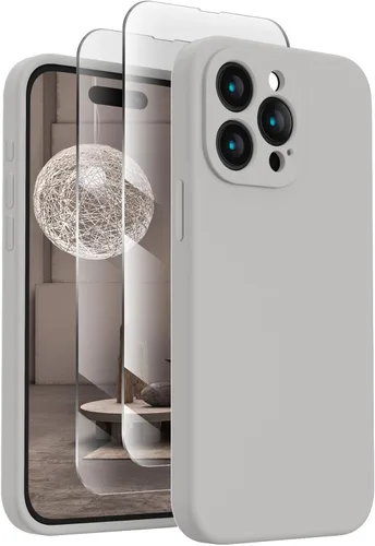 FireNova Funda diseñada para iPhone 15 Pro Max, funda de silicona mejorada [protección de cámara] con [2 protectores de pantalla], forro interior de
