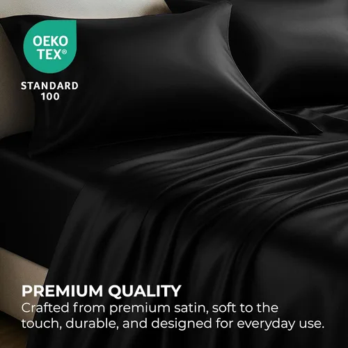 Miniatura 5 de Pure Bedding Sábanas de satén matrimoniales [4 piezas, negras] Juego de sábanas de lujo sedosas de hotel – Juego de sábanas de microfibra extra Negro