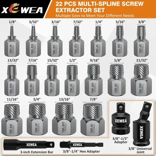 Miniatura 2 de XEWEA Juego de 22 extractores de tornillos de accionamiento de 3/8 pulgadas, kit de extracción de pernos multilínea fácil de sacar para pernos rotos
