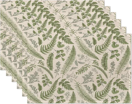Juego de 6 manteles individuales con diseño de helechos tropicales, con hojas florales botánicas, antideslizantes, resistentes al calor, lavables,