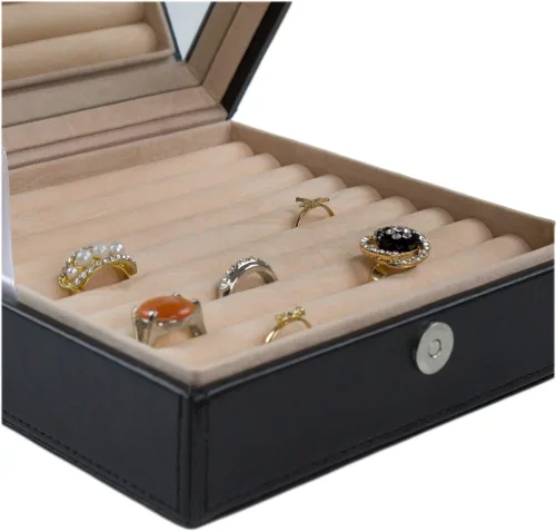 Miniatura 8 de Glenor Co Organizador de caja de anillos Soporte de joyería clásico de 54 ranuras Bandeja de almacenamiento con cierre de hebilla moderno, espejo
