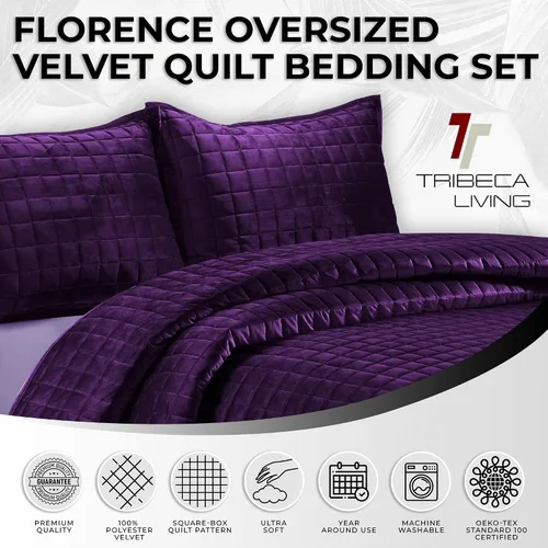 Miniatura 2 de Tribeca Living FLORENCEQUIKISI - Juego de acolchado Florencia, de terciopelo, sólido, tamaño grande) Morado