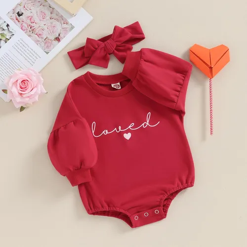 Miniatura 18 de Traje de bebé niña para el primer día de San Valentín, mameluco de burbujas con cuello redondo, sudadera linda para primavera y otoño