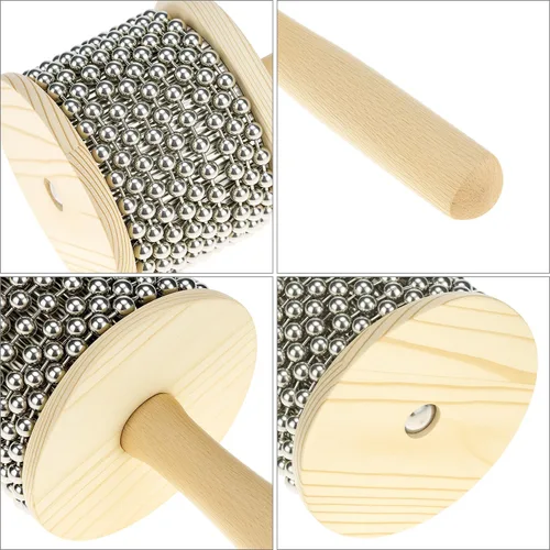 Miniatura 5 de QWORK Cabasa Instrumento musical de percusión de madera, coctelera de cuentas de acero inoxidable de 3.5 pulgadas con mango de madera