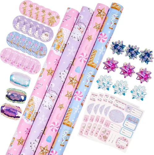 Miniatura 19 de WRAPAHOLIC Rollo de papel de regalo de Navidad de 30 pulgadas - Rollo jumbo rojo, verde y rosa de gnomo de Navidad y elfo festivo, colección de 4
