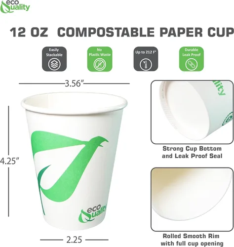 Miniatura 3 de EcoQuality Vasos de papel compostables de 12 onzas, tazas de café de papel blanco biodegradables desechables con forro de ácido poliláctico (PLA)