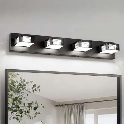 Miniatura 9 de Joossnwell Luces de baño de níquel cepillado sobre espejo (4 luces, 28 pulgadas), lámpara de tocador de cristal 5CCT regulable moderna LED