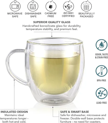 Miniatura 5 de Teabloom Vasos de doble pared – 8 oz / 8.5 fl oz – Juego de 4 vasos de vidrio aislados para té, café, espresso y más – Clarity Glasses