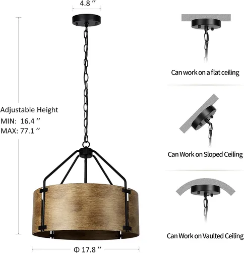 Miniatura 6 de CNRATYE Candelabro de tambor de granja de 4 luces, lámpara colgante redonda de metal industrial rústico para comedor, vestíbulo, entrada, cocina