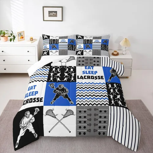 Miniatura 9 de Lacrosse - Juego de edredón de juegos deportivos para niños y niñas, jugadores de hockey, relleno de edredón ligero de hockey negro con llama