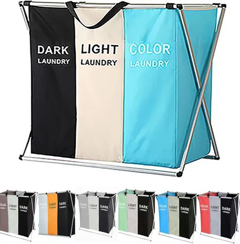 Cesta Clasificadora de Ropa Sucia Plegable de 3 Secciones con Marco de Aluminio 26 Pulgadas × 24 Pulgadas de Alto Almacenamiento de Lavado Bolsa de