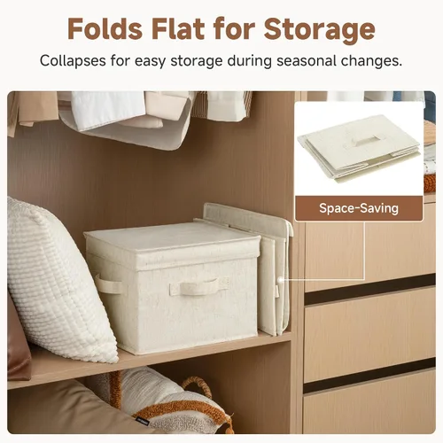 Miniatura 4 de StorageWorks Contenedores de almacenamiento de tela con tapa, cajas de almacenamiento decorativas para estantes, cesta organizadora de armario Beige