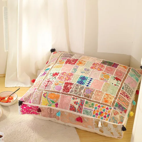 Miniatura 12 de THE ART BOX Almohadas de Suelo y Fundas de Cojín de Algodón Patchwork Vintage Boho Bordadas, Puf para Perro, Puf de Asiento, Almohada de Meditación