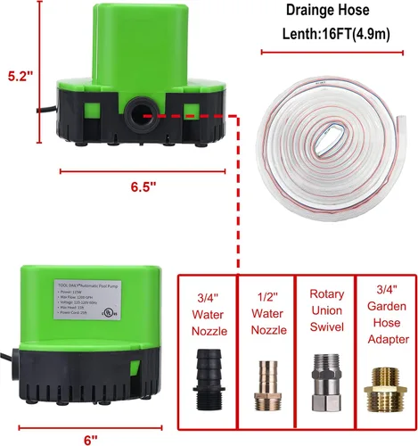 Miniatura 3 de Bomba automática de cubierta de piscina, bomba sumergible para cubierta de piscina de 1200 GPH, bomba de sumidero con 4 adaptadores manguera