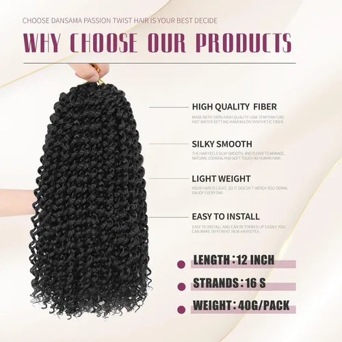 Miniatura 3 de Dansama 6 paquetes de cabello Passion Twist ondulado trenzado para trenzas de ganchillo estilo mariposa, extensiones de cabello bohemio
