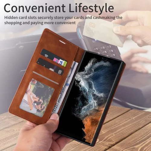 Miniatura 4 de ZZXX Funda tipo cartera para Samsung Galaxy S22 Ultra con bloqueo RFID, ranura para tarjetas, función atril, magnética, de piel suave, para Samsung