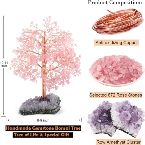 Miniatura 5 de Árbol de la vida con piedras preciosas de cuarzo rosa, base de racimo de amatista, cristal rosa curativo que equilibra la energía positiva, bonsái