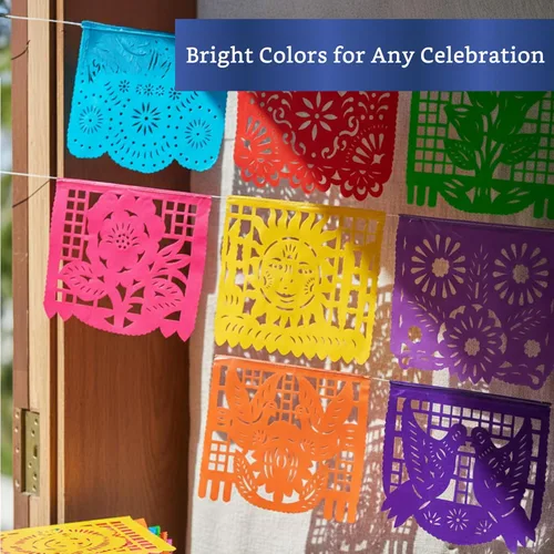 Miniatura 4 de Pancartas de fiesta mexicana (paquete de 5 con 10 banderas de plástico por bandera), papel picado mexicano para fiesta, papel picado de plástico