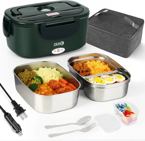 Miniatura 9 de IXIIE Lonchera eléctrica de 80W, calentador de alimentos para el trabajo, 12V/24V/110V, lonchera portátil para adultos con 2 envases de acero