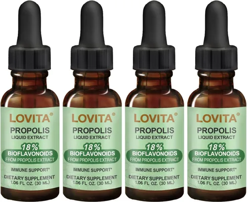 LOVITA Paquete económico de 4 botellas, extracto líquido de propóleo de abeja de 500 mg, gotas de resina 5:1 con 18% de bioflavonoides, antioxidante