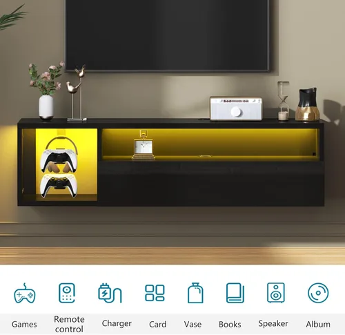 Miniatura 5 de DlandHome Soporte flotante para TV con luz LED, consola multimedia de 39.3 pulgadas, estante flotante para debajo del televisor con estante