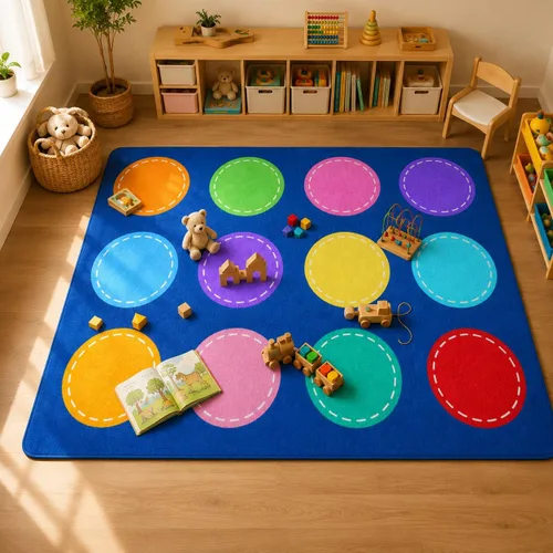 Miniatura 5 de Alfombras de juego para aula, alfombra de 5 x 7 pies para niños con parte trasera de goma, círculo colorido sobre fondo azul, alfombra de juego