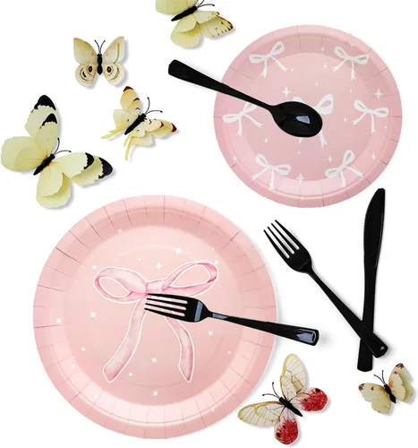 Miniatura 3 de 100 piezas de suministros para fiesta de cumpleaños con lazo rosa, juego de vajilla de lazo rosa de 9 y 7 pulgadas, platos de lazo rosa, tazas