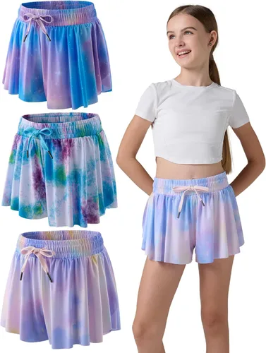 Miniatura 68 de Paquete de 3 pantalones cortos fluidos para niñas con forro de elastano, 2 en 1, faldas de mariposa para jóvenes, para fitness, correr, deportes