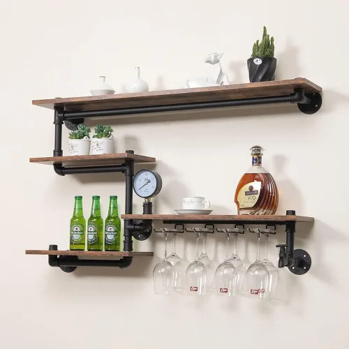 Miniatura 13 de KaKaBB Estante de vino montado en la pared, estantes de metal de 47 pulgadas de 2 niveles con soporte para vidrio, capacidad para 30 botellas y de 6