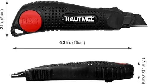 Miniatura 3 de HAUTMEC Cuchillo utilitario de 18 mm con agarre suave y bloqueo automático con interruptor de seguridad rojo, cortador resistente con hoja negra