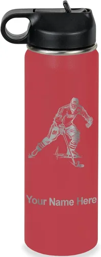 Miniatura 9 de LaserGram Botella de agua personalizada, jugador de hockey, acero inoxidable de doble pared aislada al vacío con popote superior, regalo grabado