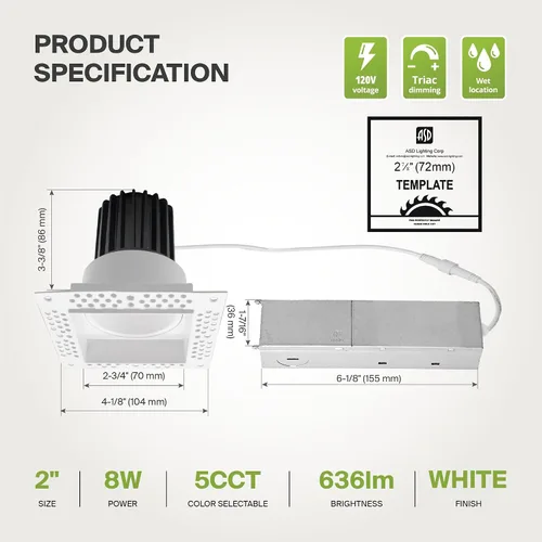 Miniatura 7 de ASD - Lámpara de techo empotrable LED sin bordes de 2 pulgadas, descendente sin lata con caja de conexiones, 5CCT seleccionable 2700K-5000K, 8W 636