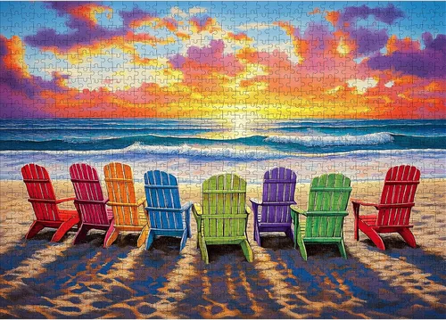 Rompecabezas de playa para adultos de 1000 piezas – Coloridos rompecabezas de playa, silla de descanso, rompecabezas de verano con letras en la