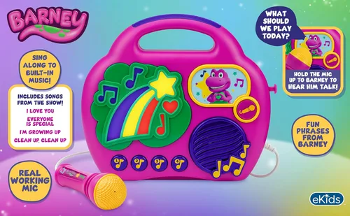 Miniatura 2 de Barney - Micrófono de karaoke con boombox para fanáticos de los juguetes de los niños, máquina de karaoke para niños con música integrada (Barney)