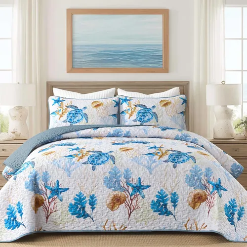 Miniatura 16 de DJY Beach Quilt Set Queen Size,3 Piece Coastal Ocean Summer Bedspread Coverlet Set with 2 Pillow Cases Lightweight Soft Microfiber Nautical Bedding